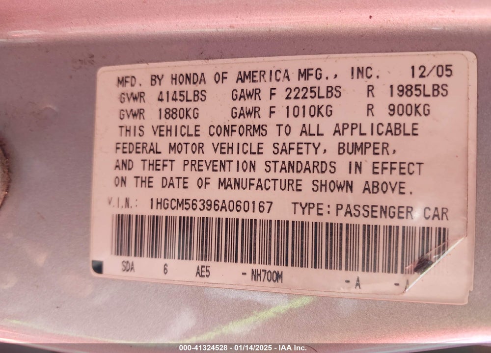 2006 HONDA ACCORD 2.4 SE VIN: 1HGCM56396A060167