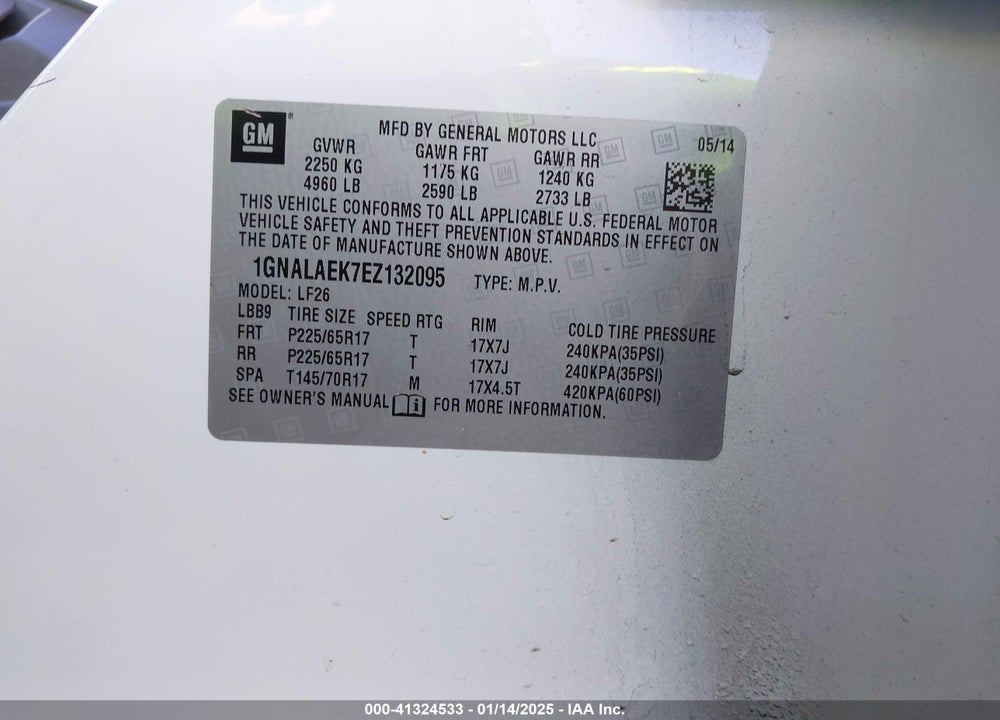 2014 CHEVROLET EQUINOX LS VIN: 1GNALAEK7EZ132095