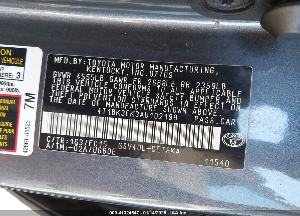 2010 TOYOTA CAMRY VIN: 4T1BK3EK3AU102199