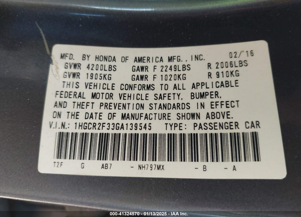 2016 HONDA ACCORD LX VIN: 1HGCR2F33GA139545