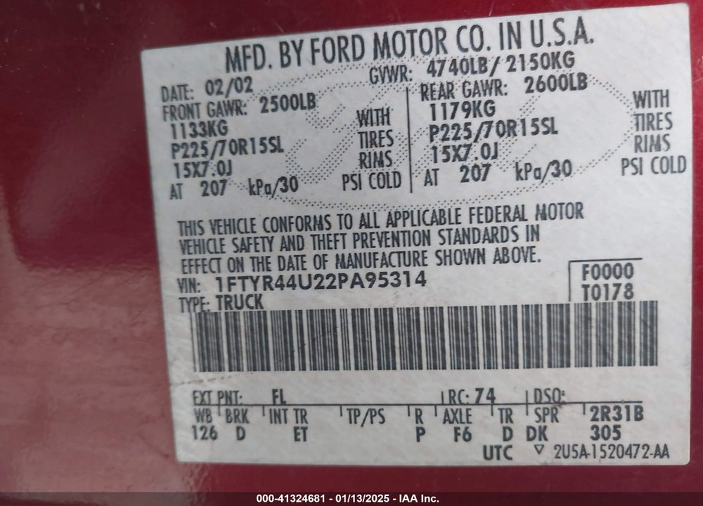 2002 FORD RANGER EDGE/TREMOR/XLT VIN: 1FTYR44U22PA95314