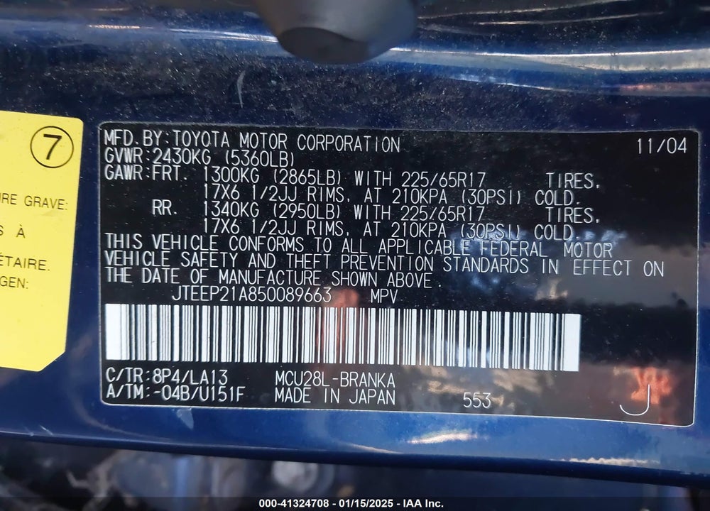 2005 TOYOTA HIGHLANDER LIMITED V6 VIN: JTEEP21A850089663