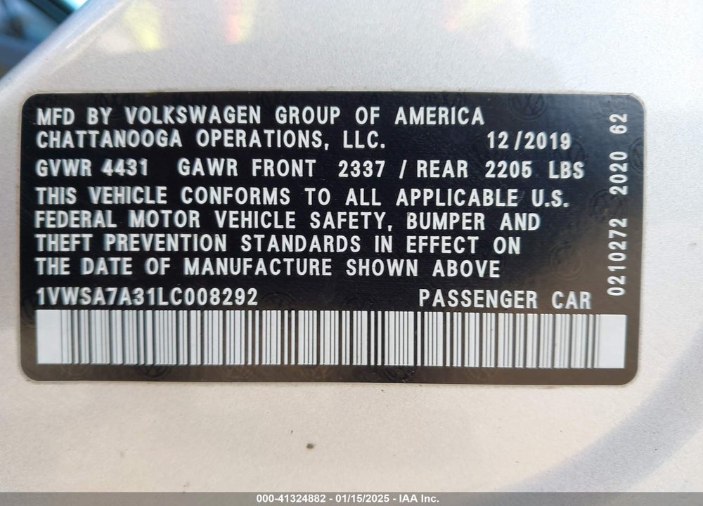 2020 VOLKSWAGEN PASSAT VIN: 1VWSA7A31LC008292
