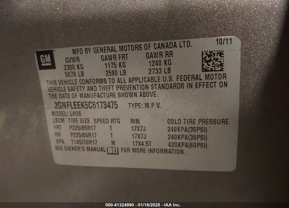 2012 CHEVROLET EQUINOX 1LT VIN: 2GNFLEEK5C6173475