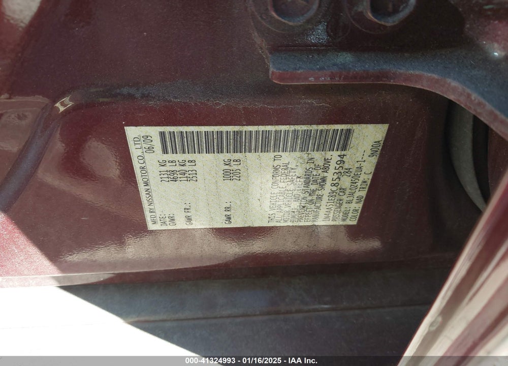 2009 NISSAN MAXIMA VIN: 1N4AA51E89C853594