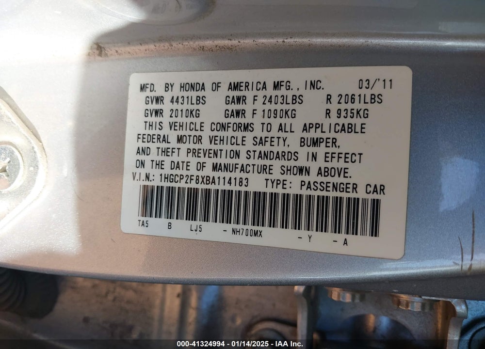2011 HONDA ACCORD 2.4 EX-L VIN: 1HGCP2F8XBA114183
