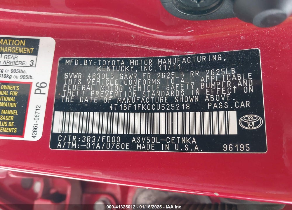 2012 TOYOTA CAMRY LE VIN: 4T1BF1FK0CU525218
