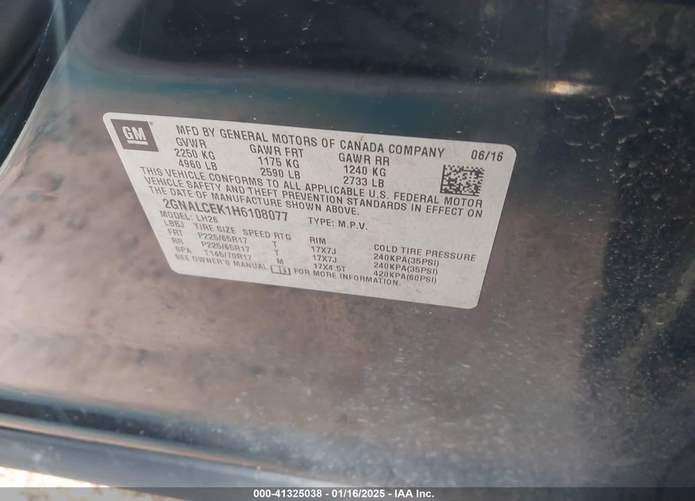 2017 CHEVROLET EQUINOX LT VIN: 2GNALCEK1H6108077
