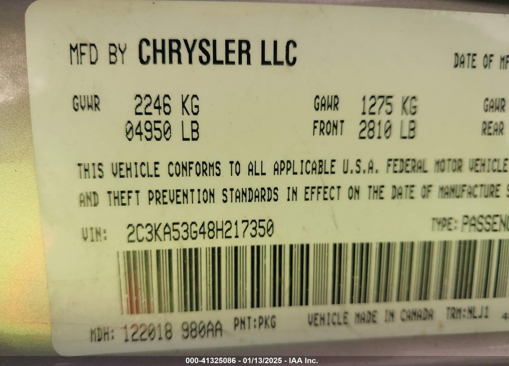 2008 CHRYSLER 300 VIN: 2C3KA53G48H217350