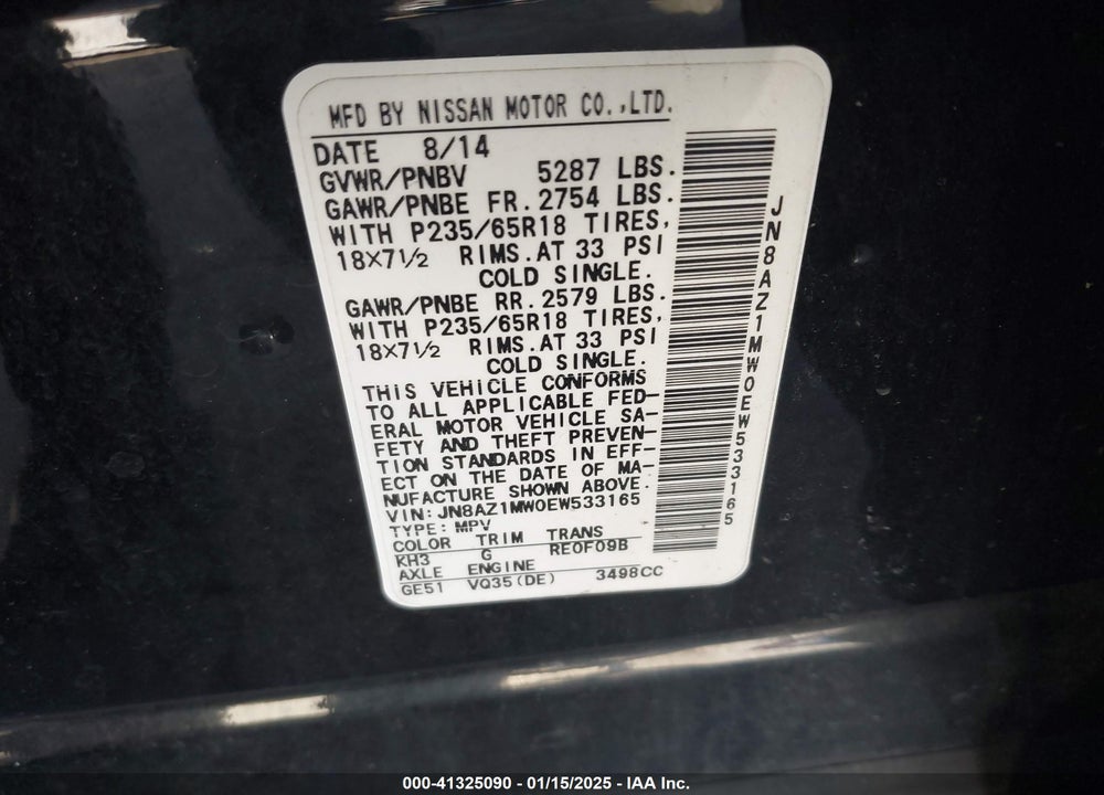2014 NISSAN MURANO S VIN: JN8AZ1MW0EW533165