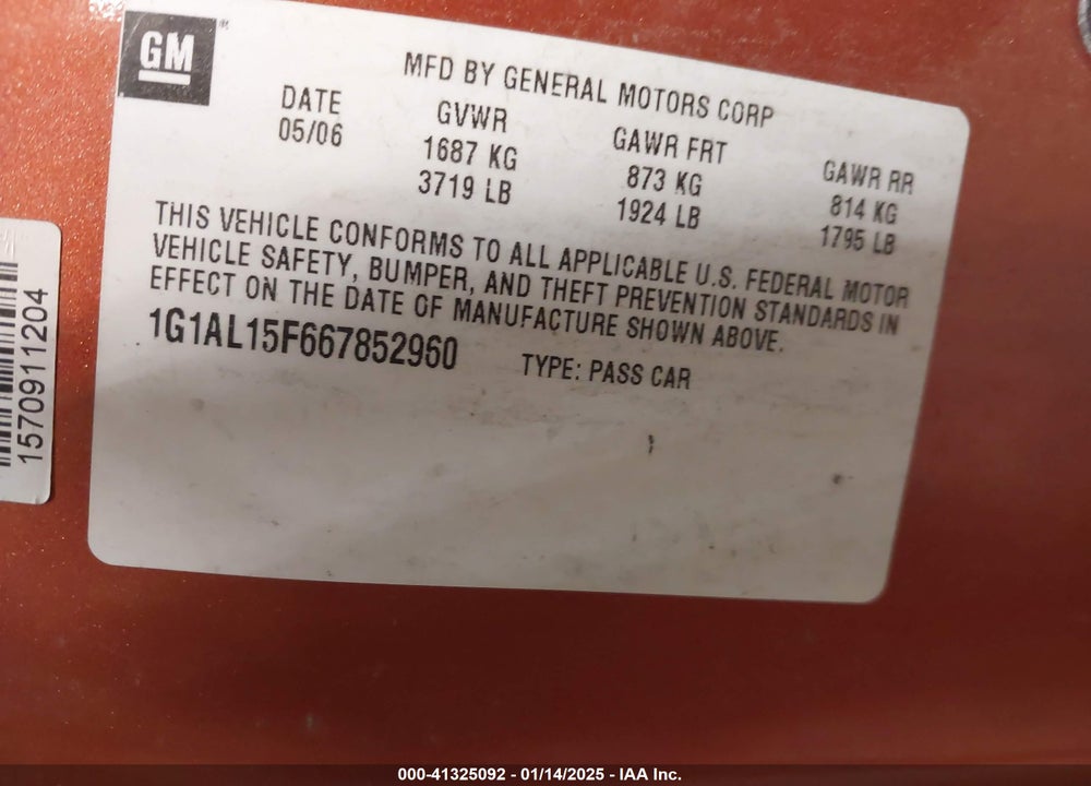 2006 CHEVROLET COBALT LT VIN: 1G1AL15F667852960