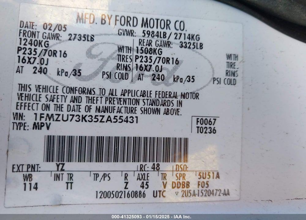 2005 FORD EXPLORER XLT/XLT SPORT VIN: 1FMZU73K35ZA55431