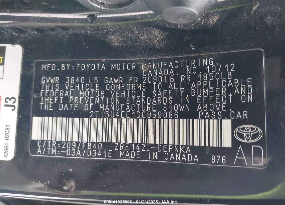 2013 TOYOTA COROLLA VIN: 2T1BU4EE1DC959086