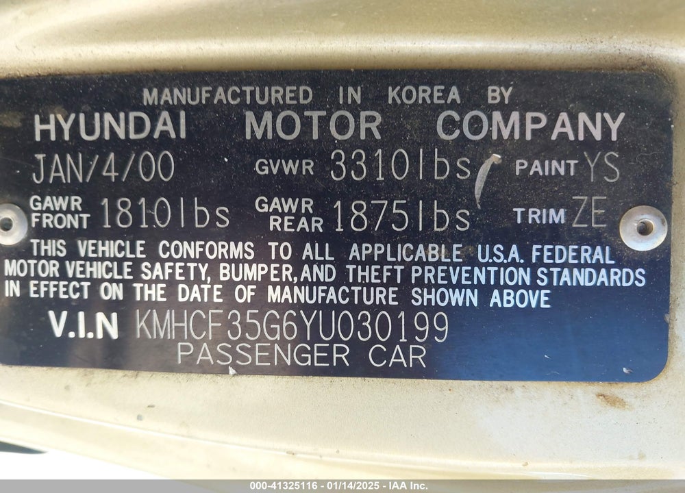 2000 HYUNDAI ACCENT L VIN: KMHCF35G6YU030199
