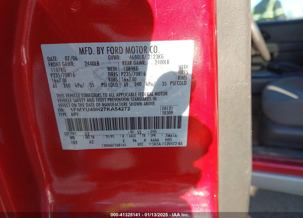 2007 FORD ESCAPE HYBRID VIN: 1FMYU49H27KA54272