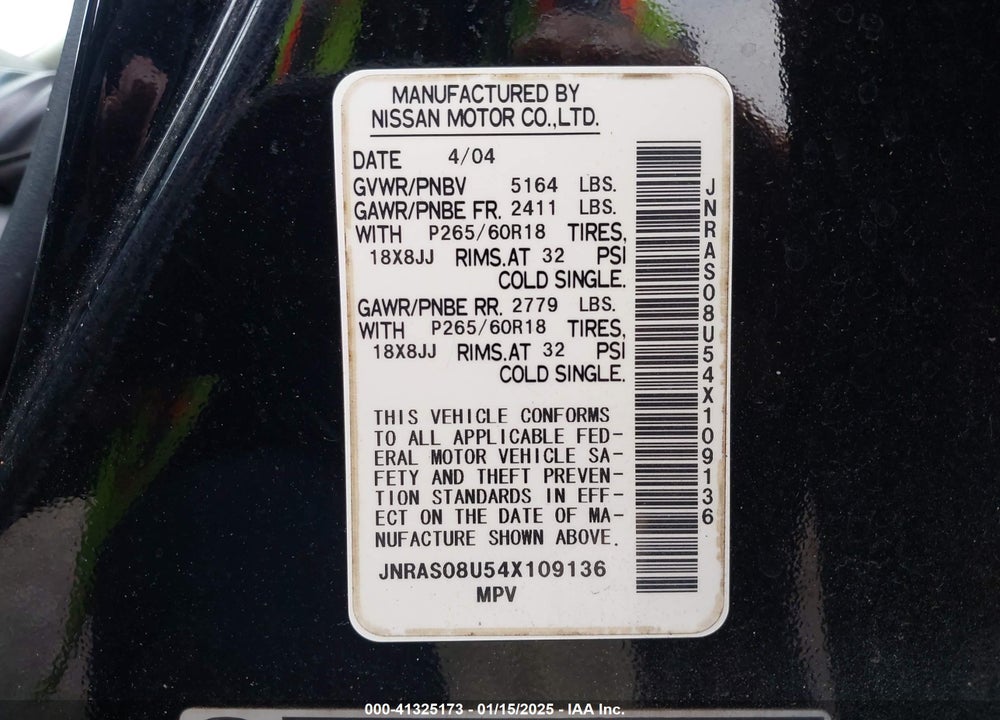 2004 INFINITI FX35 VIN: JNRAS08U54X109136