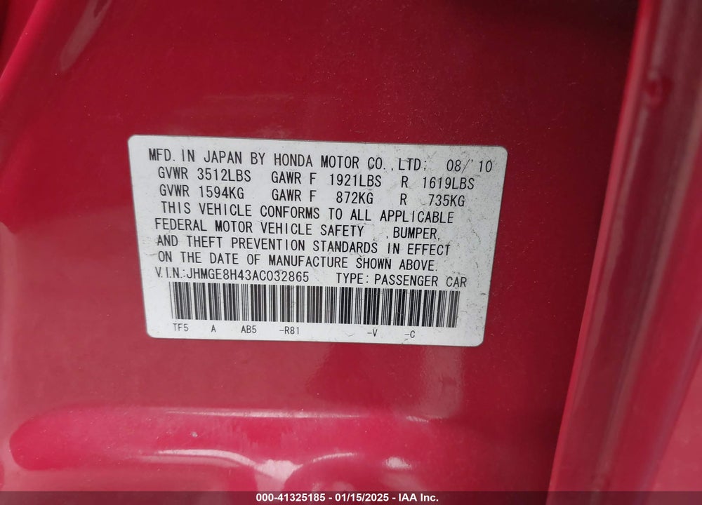 2010 HONDA FIT VIN: JHMGE8H43AC032865