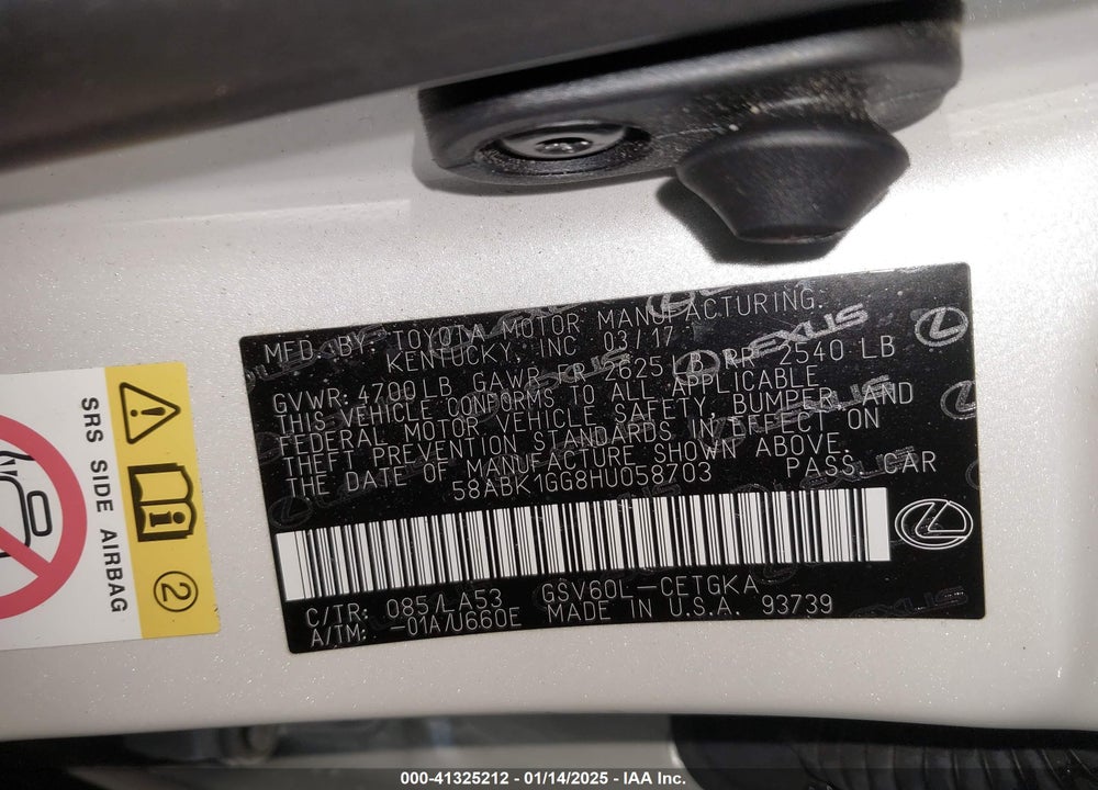 2017 LEXUS ES 350 VIN: 58ABK1GG8HU058703