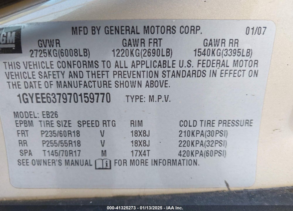 2007 CADILLAC SRX V6 VIN: 1GYEE637970159770