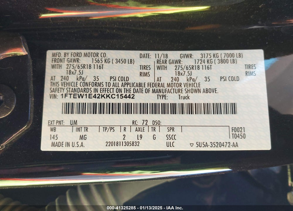 2019 FORD F-150 VIN: 1FTEW1E42KKC15442
