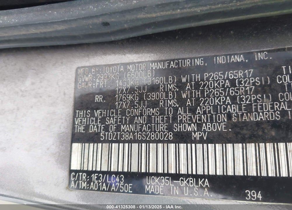 2006 TOYOTA SEQUOIA LIMITED V8 VIN: 5TDZT38A16S280028
