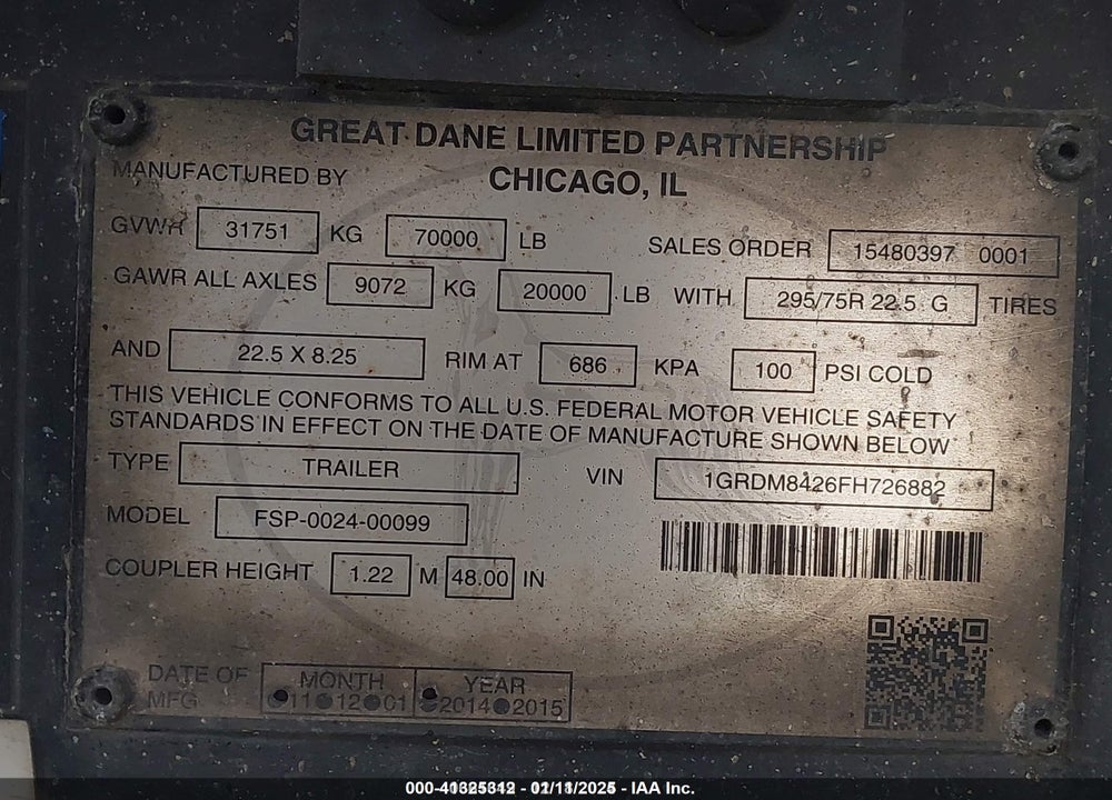 2015 GREAT DANE TRAILERS UNKNOWN VIN: 1GRDM8426FH726882