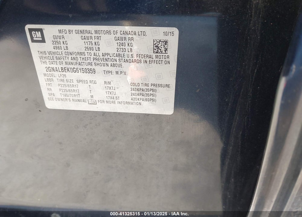 2016 CHEVROLET EQUINOX LS VIN: 2GNALBEK0G6150359