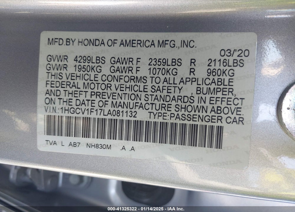 2020 HONDA ACCORD LX VIN: 1HGCV1F17LA081132