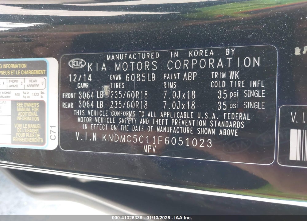 2015 KIA SEDONA EX VIN: KNDMC5C11F6051023