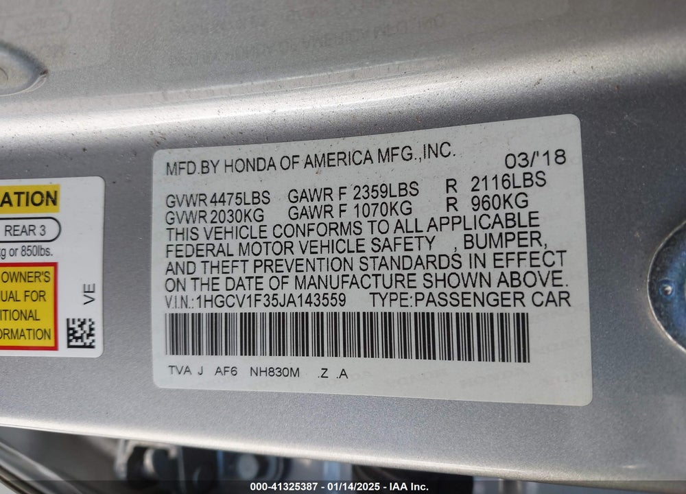 2018 HONDA ACCORD SPORT VIN: 1HGCV1F35JA143559