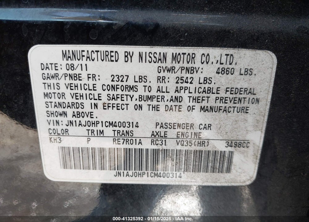 2012 INFINITI EX35 JOURNEY VIN: JN1AJ0HP1CM400314