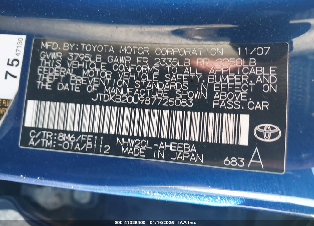 2008 TOYOTA PRIUS VIN: JTDKB20U987725083