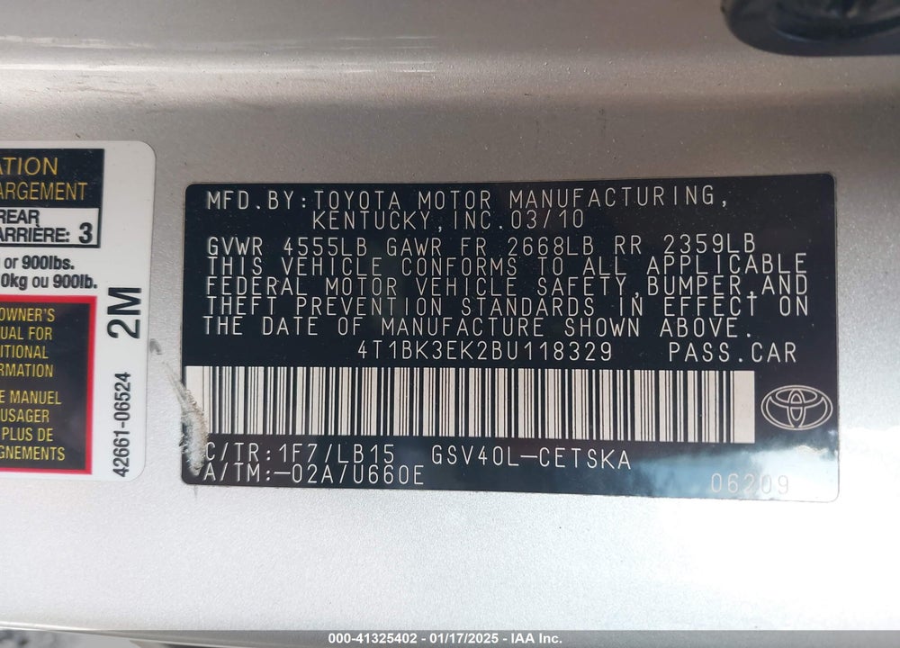 2011 TOYOTA CAMRY VIN: 4T1BK3EK2BU118329