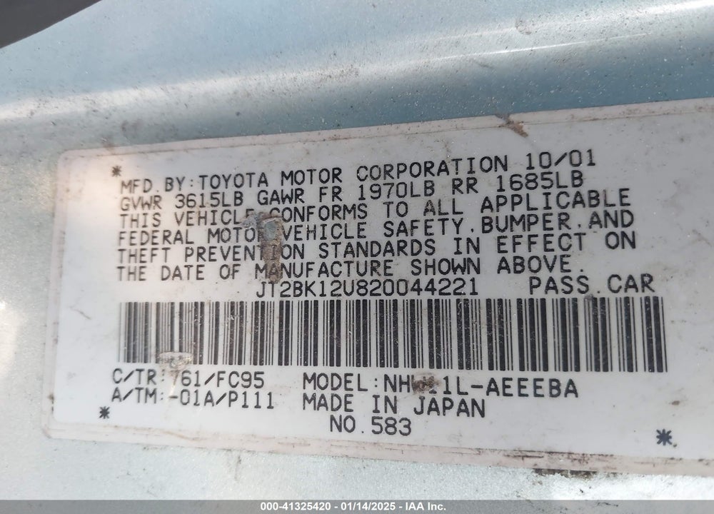 2002 TOYOTA PRIUS VIN: JT2BK12U820044221