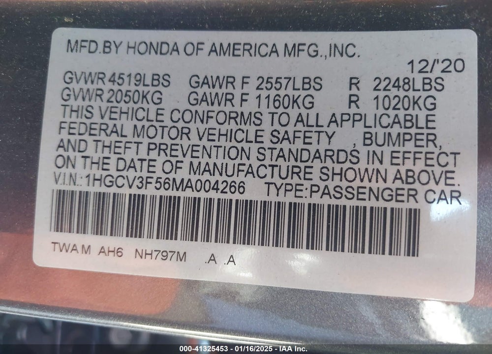 2021 HONDA ACCORD HYBRID EX-L VIN: 1HGCV3F56MA004266