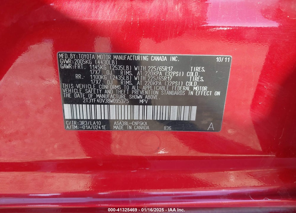 2011 TOYOTA RAV4 VIN: 2T3YF4DV3BW095375
