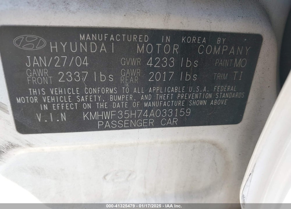 2004 HYUNDAI SONATA GLS/LX VIN: KMHWF35H74A033159
