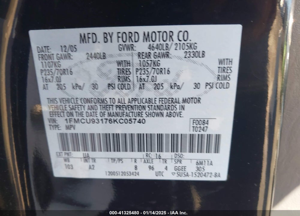 2006 FORD ESCAPE XLT/XLT SPORT VIN: 1FMCU93176KC05740