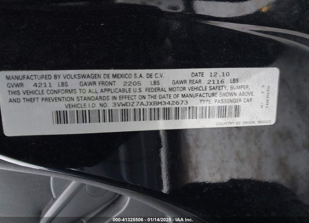 2011 VOLKSWAGEN JETTA 2.5L SE VIN: 3VWDZ7AJXBM342673