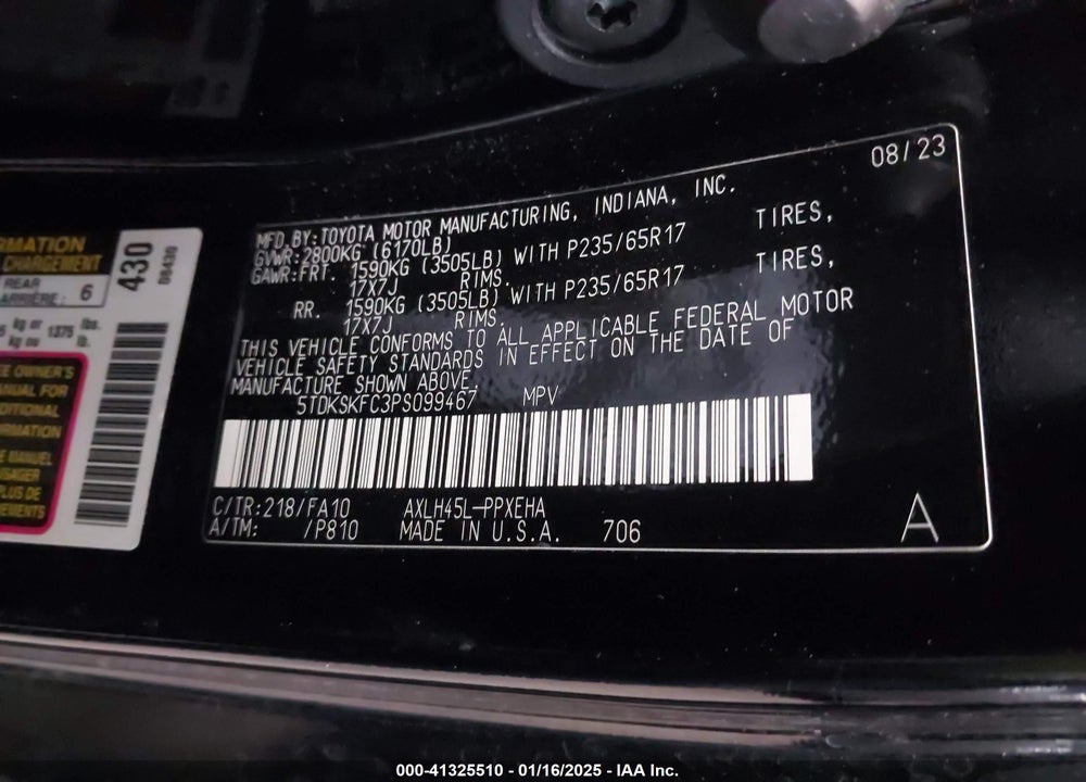 2023 TOYOTA SIENNA LE VIN: 5TDKSKFC3PS099467