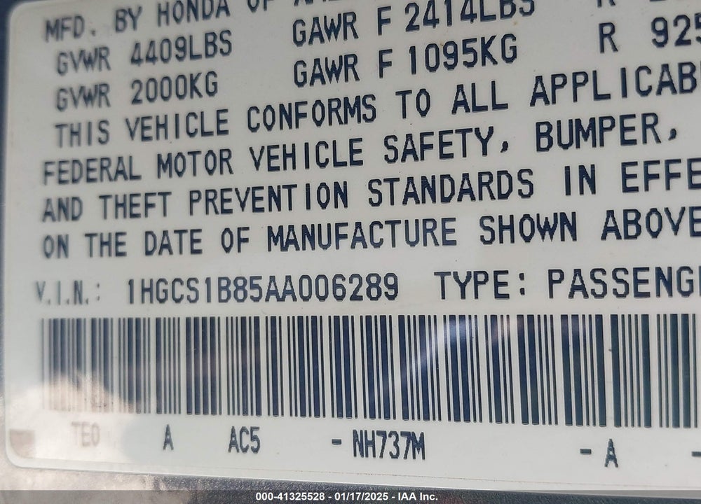 2010 HONDA ACCORD VIN: 1HGCS1B85AA006289