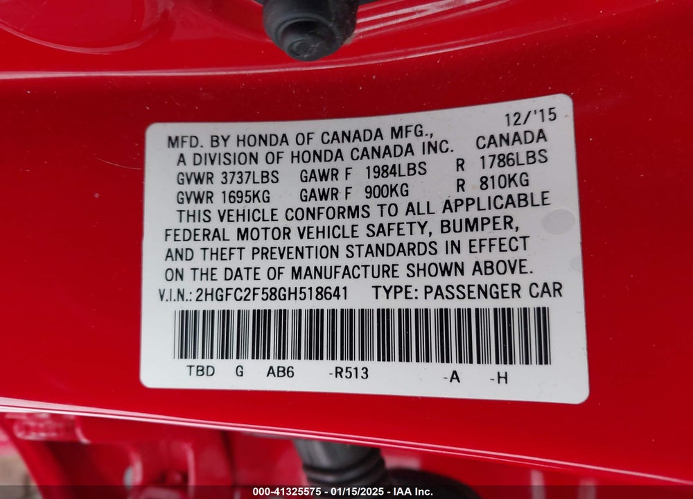 2016 HONDA CIVIC VIN: 2HGFC2F58GH518641