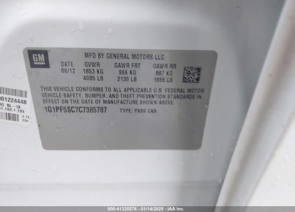 2012 CHEVROLET CRUZE VIN: 1G1PF5SC7C7385787