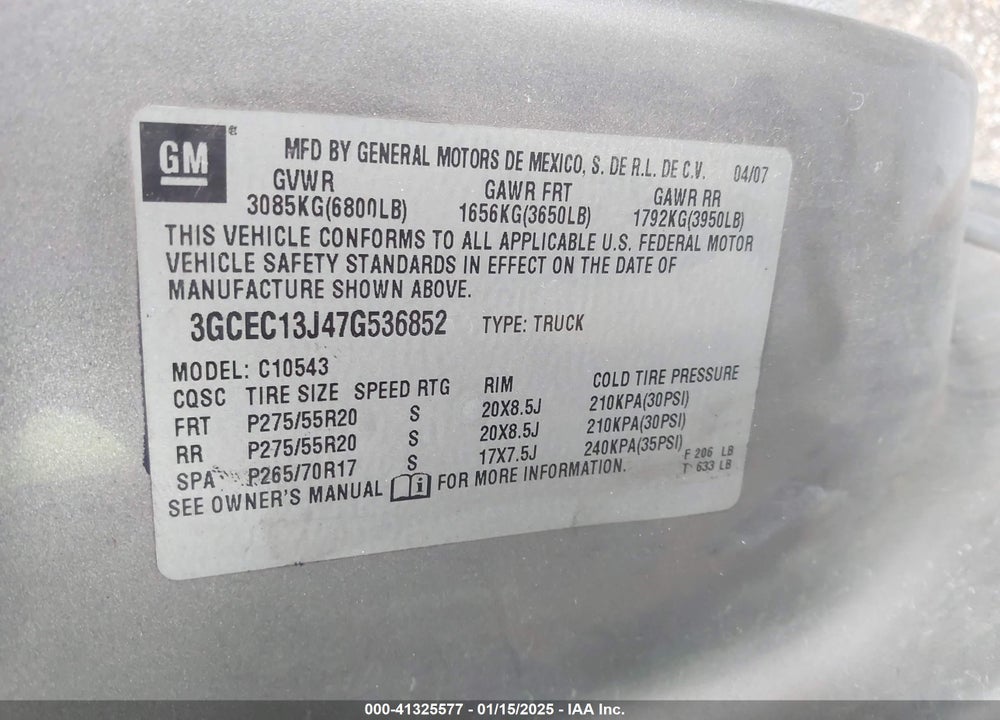 2007 CHEVROLET SILVERADO 1500 VIN: 3GCEC13J47G536852