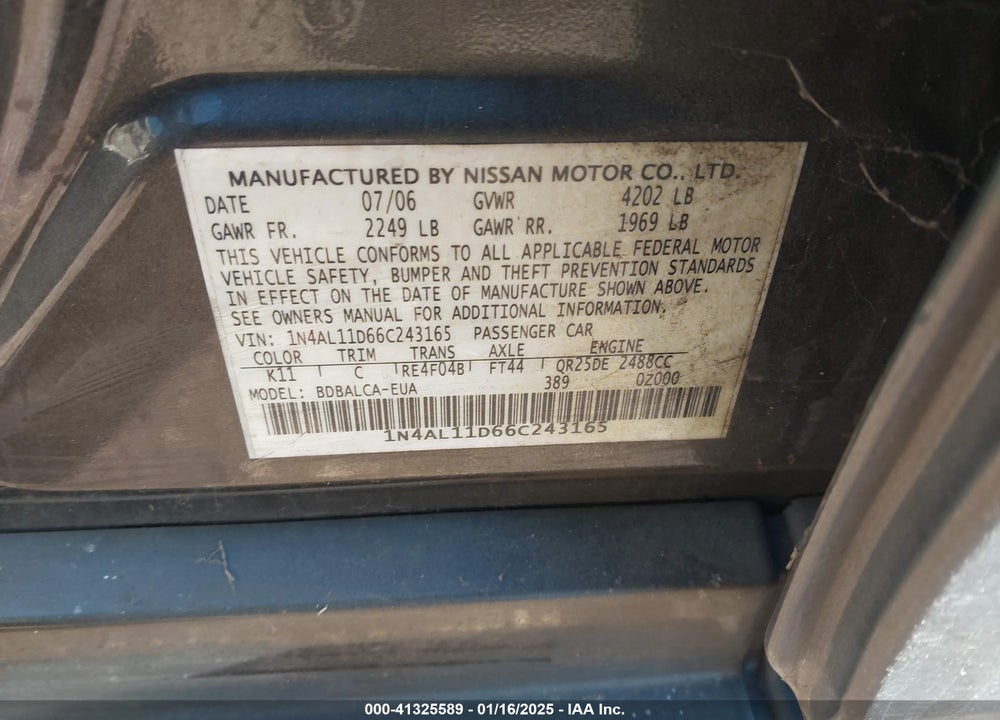 2006 NISSAN ALTIMA 2.5 S VIN: 1N4AL11D66C243165