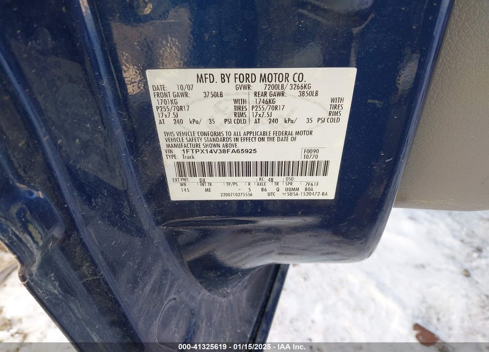 2008 FORD F-150 FX4/LARIAT/XL/XLT VIN: 1FTPX14V38FA65925