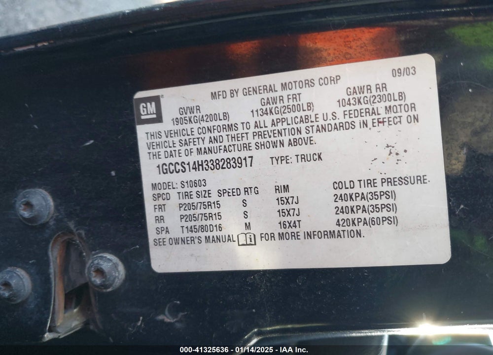 2003 CHEVROLET S-10 VIN: 1GCCS14H338283917