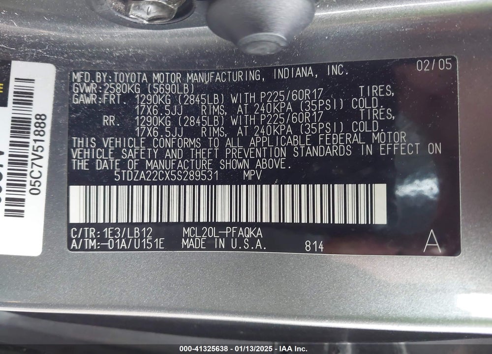 2005 TOYOTA SIENNA XLE VIN: 5TDZA22CX5S289531