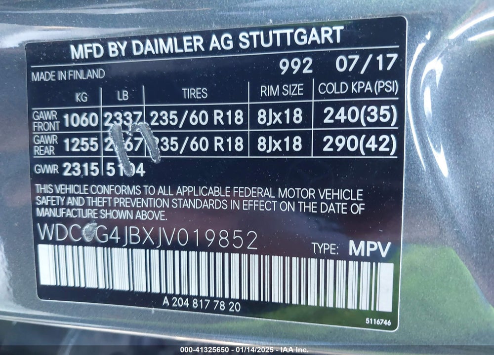 2018 MERCEDES-BENZ GLC 300 VIN: WDC0G4JBXJV019852