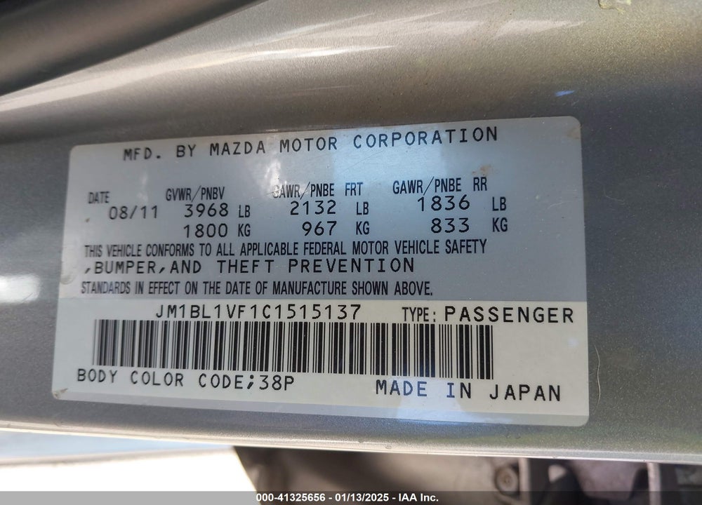 2012 MAZDA 3 I TOURING VIN: JM1BL1VF1C1515137